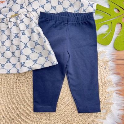Conj. Batinha Manga Longa Ursinhos e Calça Legging - Areia e Azul Marinho